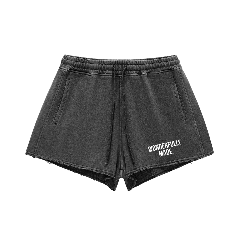 Snow Washed Raw Edge Drawstring Shorts